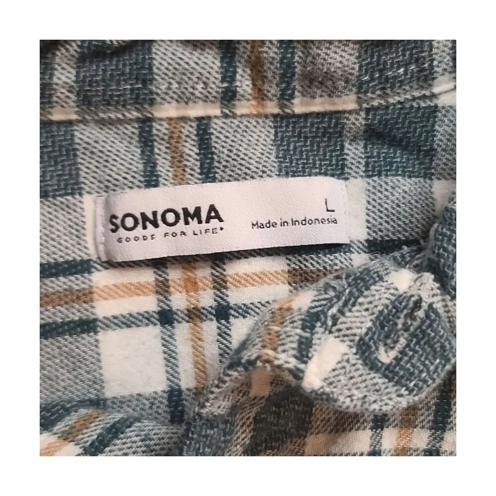 Sonoma Green Brown Plaid Print Long Sleeve Button Down Shirt L